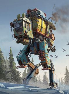 a large robot standing on top of a snow covered ground next to trees and birds