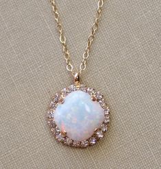 Australian Opal Gemstone Necklace,Halo Rhinestone Necklace,White Opal Swarovski Necklace,Cushion Cut Swarovski Necklace, Halo Setting, Birthstone Gifts, Necklace White, Stunning Necklace, Australian Opal, Opal Necklace, Rhinestone Necklace, White Opal