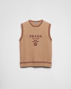 Sleeveless Intarsia knit Menswear fit Ribbed knit crew neck Ribbed knit hem Intarsia logo Prada Vest, Knitting Logo, Knitwear Details, Chanel Loafers, Cashmere Hat, Jacquard Design, Prada Logo, Guys Clothing Styles, Modern Feminine