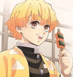 an anime character with orange hair and glasses holding a cell phone in his right hand