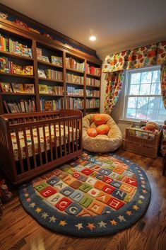 a child's room with bookshelves, crib, and rugs