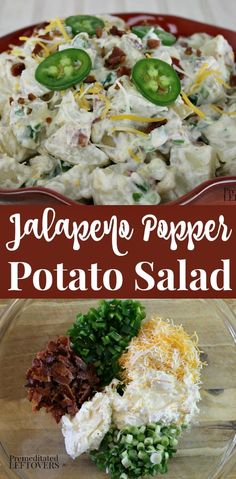 jalapeno popper potato salad in a red bowl with the title above it