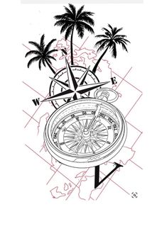 a drawing of a compass and palm trees