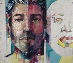 an abstract painting of two men's faces and one woman's face with different colors