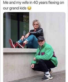 two people sitting next to each other near a window with the caption me and my wife in 40 years flexing on our grand kids