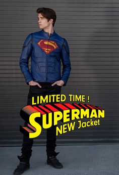 a man standing in front of a garage door with his hands on his hips and the words limited time i superman new jacket