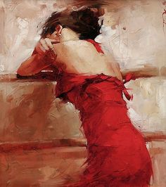 a painting of a woman in a red dress leaning against a wall with her back to the camera