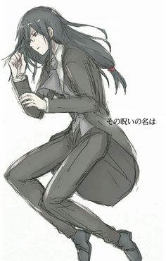 an anime character with long black hair and dark clothes, kneeling down in front of the camera