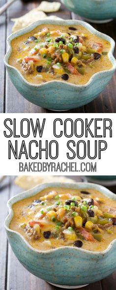 two bowls filled with slow cooker nacho soup