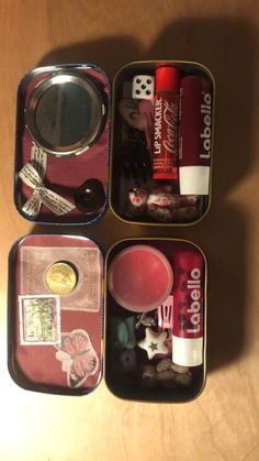 three small tins with various items in them