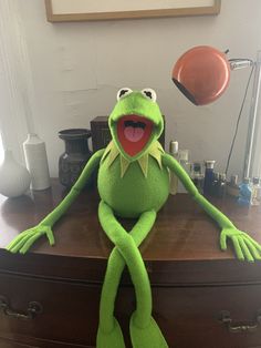 kermie the frog sitting on top of a dresser