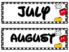 two black and white name tags with cartoon characters on them, one says july and the other says august