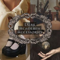 a collage of photos with the words dark academia accessories on them and an image of a woman's hand holding a glass ball