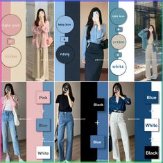 Color Match For Clothes, White Color Combos Outfit, Pink And Blue Combo Outfit, Blue Color Clothes, Blue Colour Combinations Outfit, Colour Combo Outfits Women, Pink Blue Outfit Hijab, Colour Matching Outfits, Colour Combination With Blue Jeans