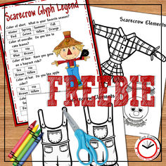 the scarecrow glyph legend worksheet with scissors and crayon pencils