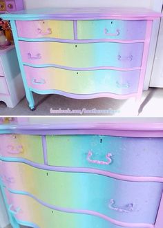 two different colored dressers side by side with the same paint job on each drawer