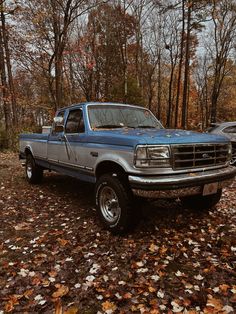 a blue pick up truck is parked in the leaves on the ground next to some trees