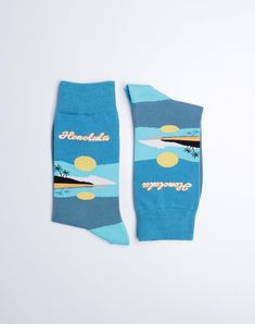 Get ready to soak up the island vibes with our Honolulu Reflection Crew Socks from Just Fun Socks! These stunning blue socks are sure to transport you straight to the tropical paradise of Honolulu, with a gorgeous image of a lush island and its reflection in the crystal-clear waters. If you love to vacation in Honolulu, take your feet on a vacation everyday by adding our Honolulu Reflection Crew Sock to your sock drawer. Exclusively from the Just Fun Socks Hawaii Island Collection. Mahalo. Featu Blue Cotton Socks For Summer, Comfortable Blue Summer Socks, Comfortable Blue Socks For Summer, Fun Socks, Sock Drawer, Blue Socks, Island Vibes, Crew Sock, Hawaii Island