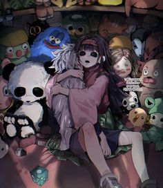 an anime character sitting on top of a pile of stuffed animals