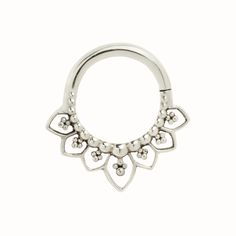 Delicate, feminine, and alluring, this lotus-inspired septum commands attention with graceful design and embellishment. Beaded details support petal shapes in a classic, refined statement of beauty. Available in yellow, rose, or white gold, with either clicker or seam ring closure. - Available in 16g seam rings and 14g clickers in either 5/16 inch or 3/8 inch. - 14K yellow, rose or palladium based white gold. - Please note that the white gold is not plated in order to preserve the handmade patin Wedding Hoop Septum Ring, Elegant White Gold Hoop Septum Ring, Elegant Wedding Septum Ring, Elegant Silver Septum Ring For Wedding, Elegant Sterling Silver Hoop Septum Ring, Elegant Sterling Silver Septum Ring, Elegant Sterling Silver Septum Ring Gift, Brittney Daniel, Rabbit Tattoos