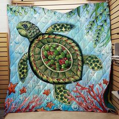 a painting of a green turtle swimming in the ocean