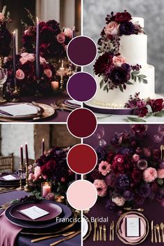 a wedding table with purple and red flowers