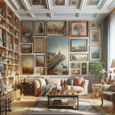 a living room filled with furniture and lots of pictures on the wall above it's coffee table