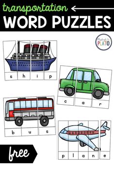 transportation word puzzles with pictures of vehicles, planes and airplanes on them to help kids learn how