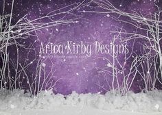 purple and white photo with the words africa kryby designs in front of snow covered trees