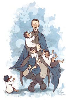 a drawing of a man holding children in his arms