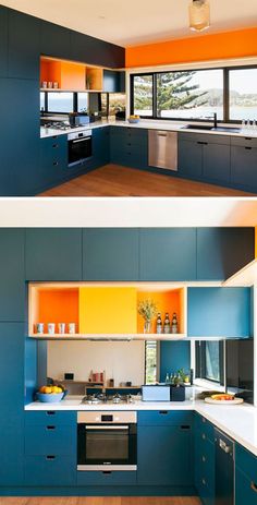 two pictures of the same kitchen in different stages of being painted blue, yellow and orange