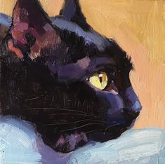 a painting of a black cat with yellow eyes