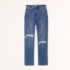 Our ultra high rise straight jeans with built-in stretch for superior comfort. This jean features our highest rise that sits at your natural waist and looks great with your shirt tucked or untucked. With refined details and a vintage feel from top to bottom, this style is cropped to show a little ankle-and your favorite shoes. Features a medium wash, knee blowout details and distressed hem. High Rise Mom Fit Cropped Jeans, Straight Mom Fit Jeans For Fall, Fall Mom Fit Straight Jeans, Straight Mom Jeans For Fall, Fall Straight Mom Jeans, Fall High-rise Mom Fit Cropped Jeans, High Rise Cropped Mom Jeans For Fall, Shirt Tucked In, Abercrombie Fitch