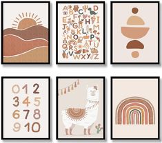 four different posters with llamas and numbers on the same wall in various colors