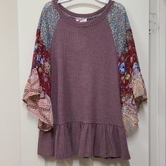 Beautiful Boutique Top! Size Medium. New With Tags! Never Worn. Mauve With Multiple Colors On Sleeves. Bohemian Burgundy Tops For Spring, Bohemian Burgundy Top For Spring, Purple Stretch Bohemian Tops, Mauve Bohemian Tops For Spring, Oversize Sleeves, Umgee Tops, Peasant Blouse, Kimono Top, Tunic Tops