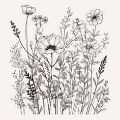 black and white drawing of wildflowers on a white background with text overlay