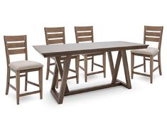 a dining table with four chairs and a bench in front of it on a white background