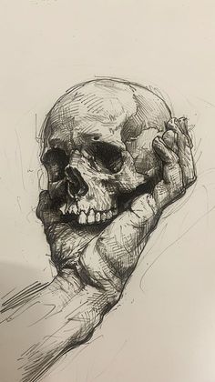 a drawing of a human skull resting its head on a hand with the other arm stretched out