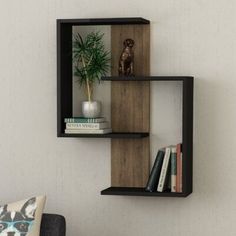 two black shelves with books and a potted plant on one shelf in the corner