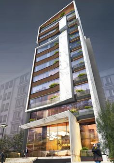 an artist's rendering of a tall building with lots of windows