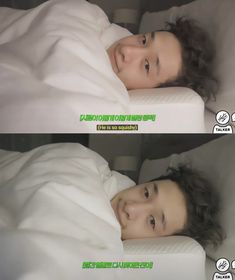 two pictures of a woman laying in bed with white sheets