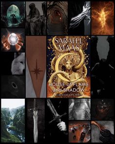 the cover to house of flame and shadow by sarahil maas is shown in multiple pictures