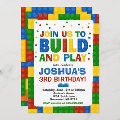 a birthday party card with lego blocks on the front and bottom, in bright colors