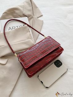 BirdinBag - Womens Red Crocodile-Patterned Purse: Handbag & Shoulder Bag Leather Baguette Bag With Crocodile Pattern, Burgundy Rectangular Mobile Phone Bag, Red Top Handle Bag With Crocodile Pattern, Red Double Handle Bag With Mobile Phone Pocket, Red Double Handle Bag For Mobile Phone, Red Double Handle Bag With Crocodile Pattern, Rectangular Shoulder Bag With Crocodile Pattern, Red Rectangular Baguette Bag For Shopping, Large Capacity Red Rectangular Baguette Bag