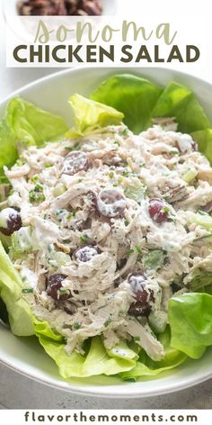 chicken salad with lettuce and cranberries in a white bowl on a table