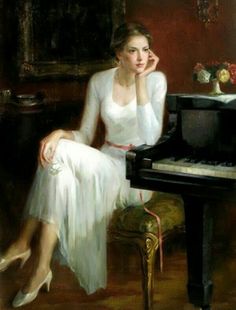 a painting of a woman sitting in front of a piano with her hand on her chin