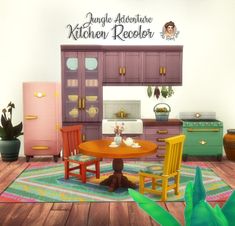 the kitchen is clean and ready for us to use in the game, which features colorful furniture