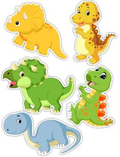 four different dinosaurs stickers on a white background