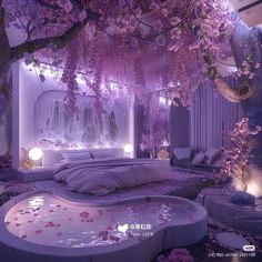 a bedroom decorated in purple and white with flowers hanging from the ceiling, bed covered in pink petals