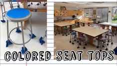 two pictures with different stools and tables in the middle one is labeled seat tops